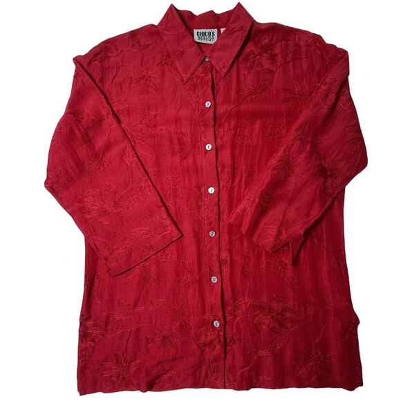 Vintage Chico’s Design Red Linen Silk Blend Floral Embroidered Shirt Size 1 - Picture 3 of 16